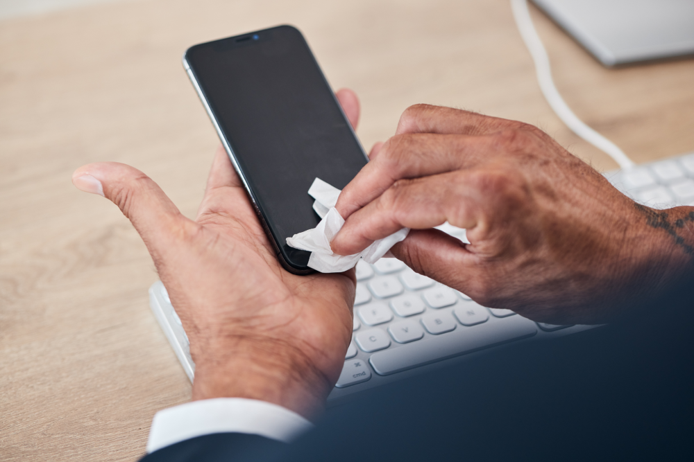Mann reinigt das Handydisplay Mann reinigt das Handydisplay